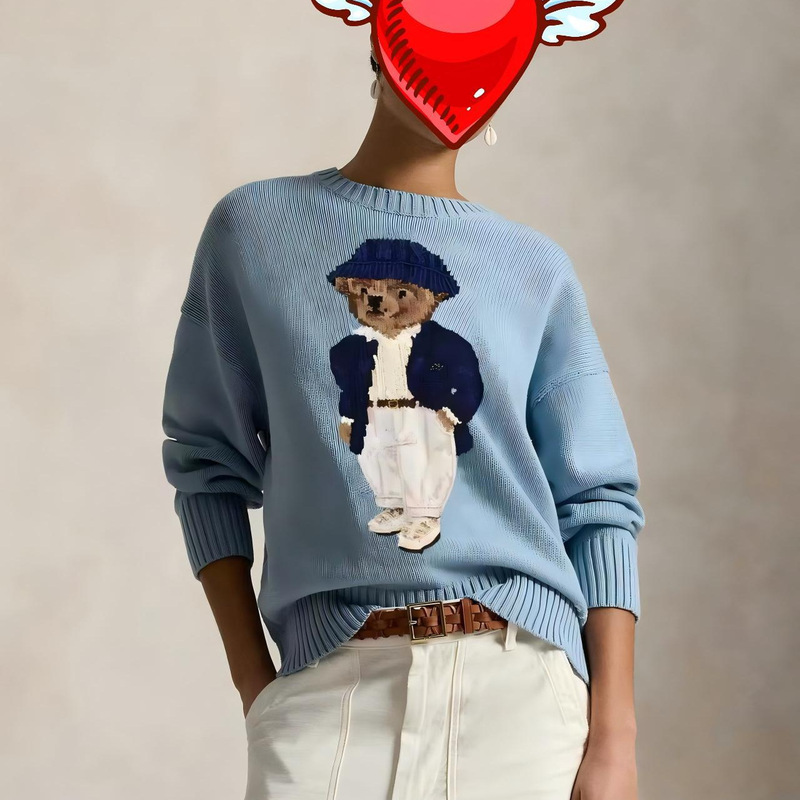 R~High-end version classic American college style blue bear knit sweater, unisex crew neck sweater