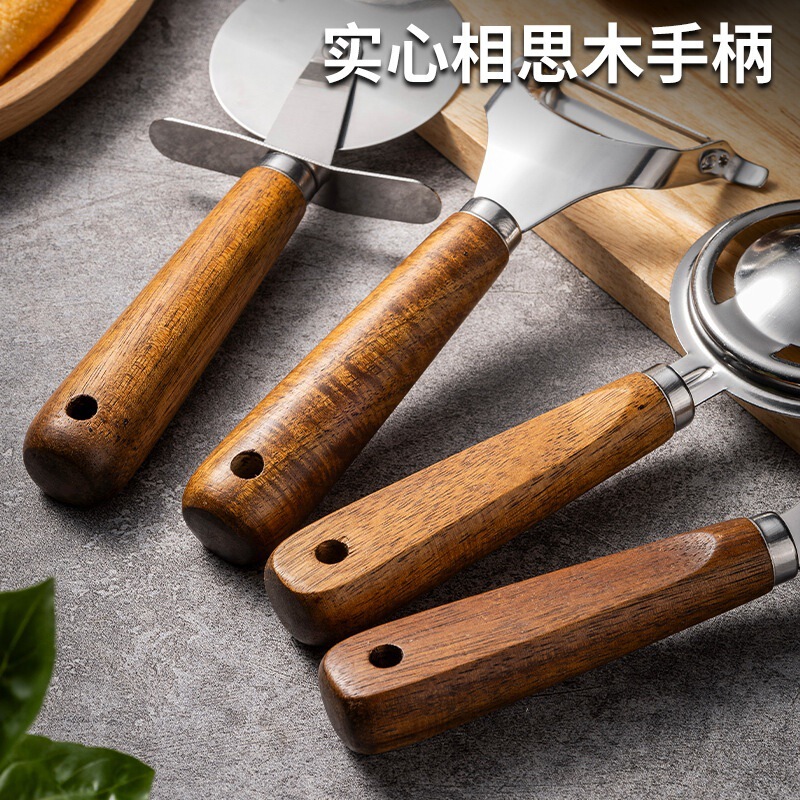 アカシアウッドキッチンガジェットセットコンビネーションベーキングツールステンレス鋼ピーリングナイフチーズピーラーピザホイールナイフ|undefined