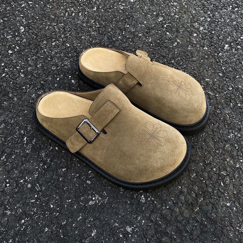 Retro Genuine Leather Suede Cowhide Slip-On Clogs Birkenstock Style Old Money Style Mules Thick-Soled Height-Increasing Half Slippers for Men
