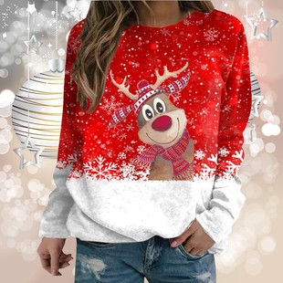 2023 Christmas new women's round neck sweater elk 3D digital printing fashion European and American casual women's sweater