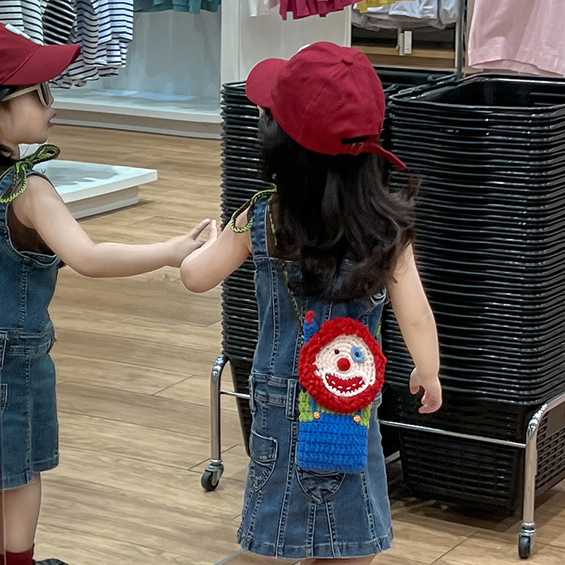 Bolso de hombro de la muñeca del payaso de los niños moda bebé de lana de dibujos animados monedero pequeña niña tejida a mano bolsa de mensajero