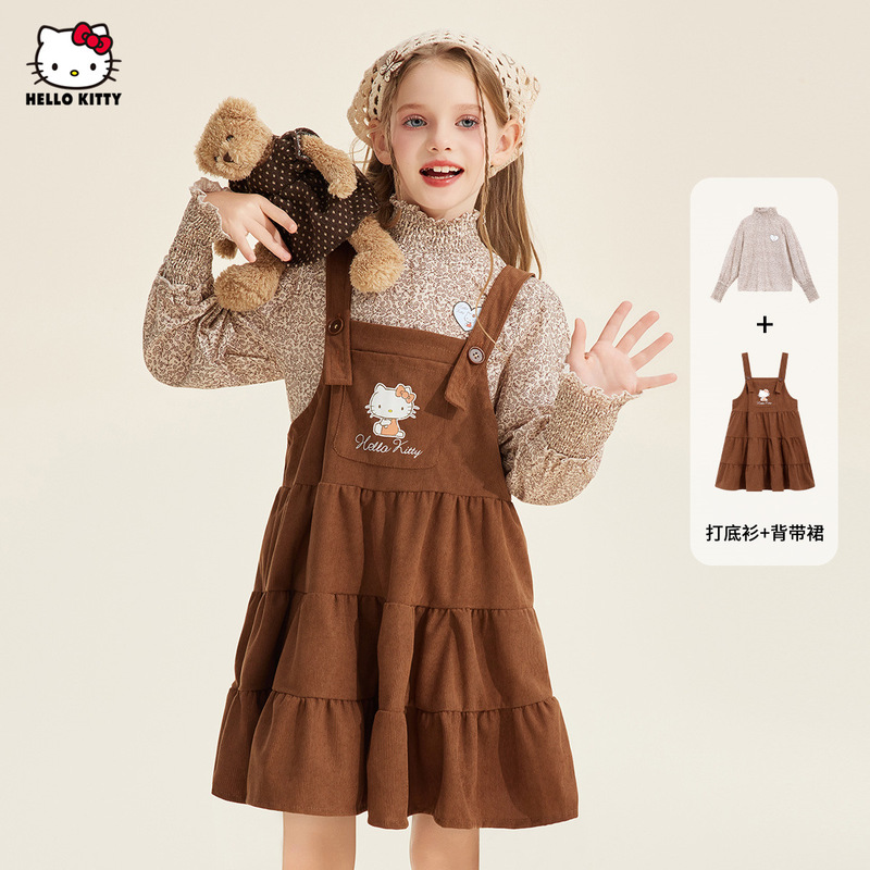 HelloKitty凯蒂猫女童秋季套装2025新款森系田园复古背带裙两件套|undefined
