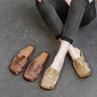 2023 New Slippers Women's Top Layer Cowhide Handmade Vintage Literary Style Flat Heel Soft Bottom Toe Sandals
