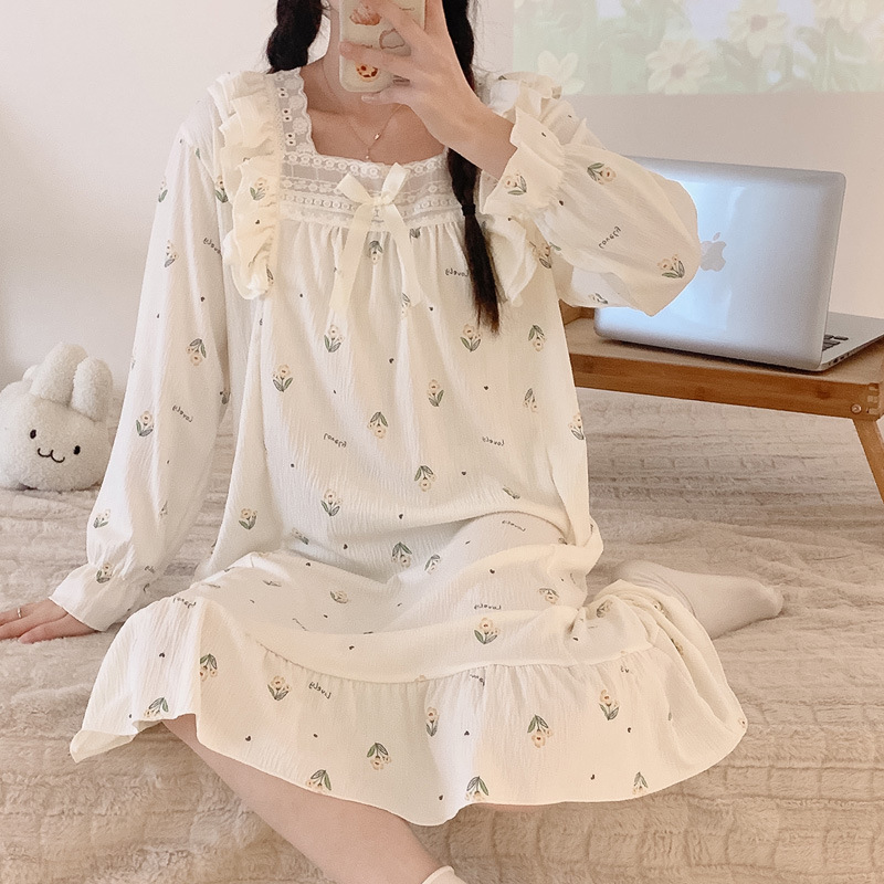 Pijamas de mujer de Primavera de algodón artificial crepé encaje camisón de manga larga ropa para el hogar de las mujeres vestido de una sola pieza de dibujos animados lindo Generación de cabello