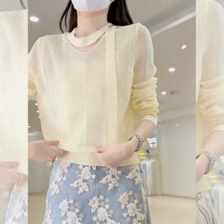 防晒罩衫慵懒风飘带镂空春夏V领薄显瘦长袖宽松设计针织衫女上衣
