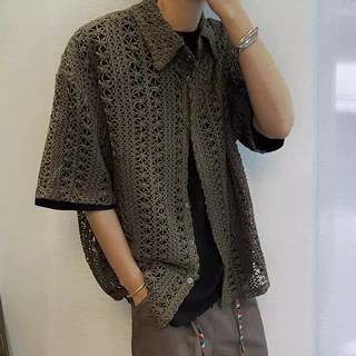 夏季美式复古做旧百搭军绿色古着针织镂空透气宽松度假短袖衬衫男
