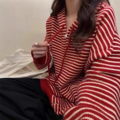 韩系复古条纹连帽宽松大版毛衣外套女秋冬新款长袖拉链针织开衫潮