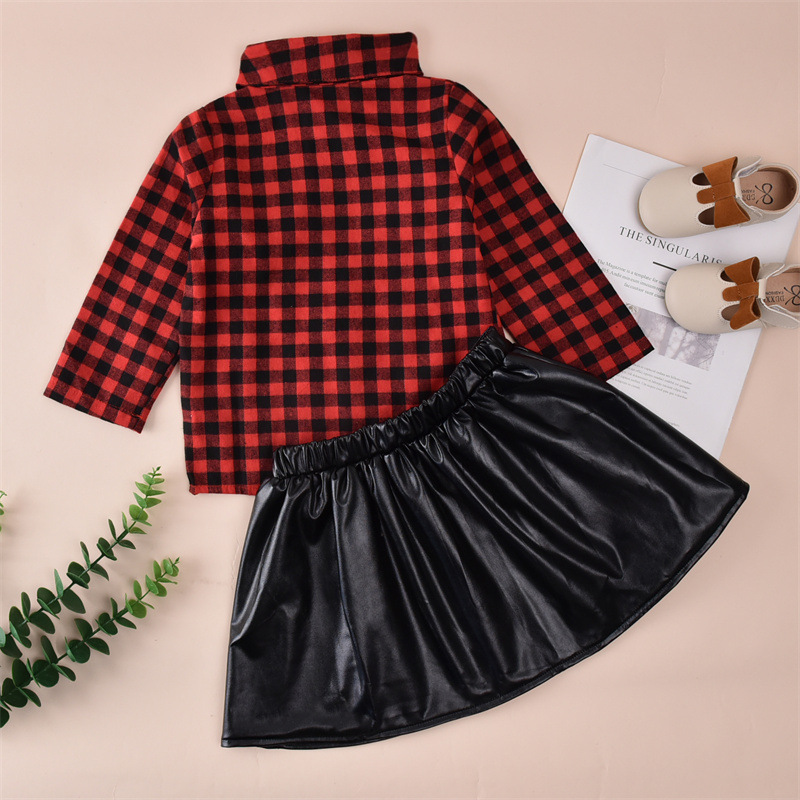 Girls Black Leather Short Skirt Suit 2021 New Plaid Lapel Shirt display picture 11