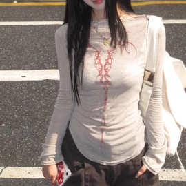 y2k辣妹印花方圆领喇叭长袖T恤女夏季不规则下摆弹力修身显瘦上衣
