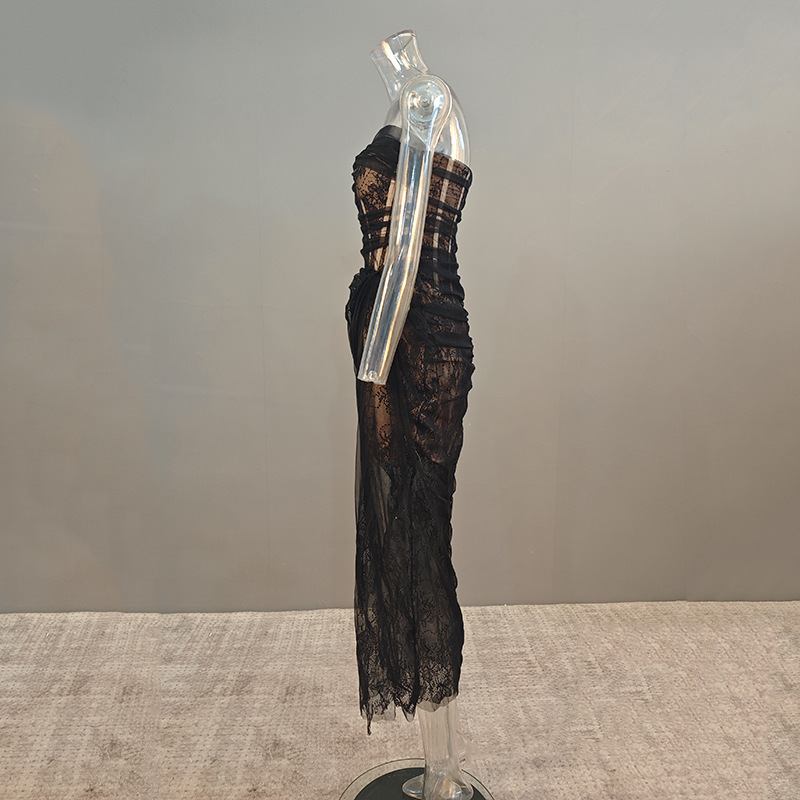 Sofisticato abito bustier in pizzo con corsetto, rete trasparente e vita alta – Elegante abito midi a trapezio per serate e occasioni speciali_voghion.com