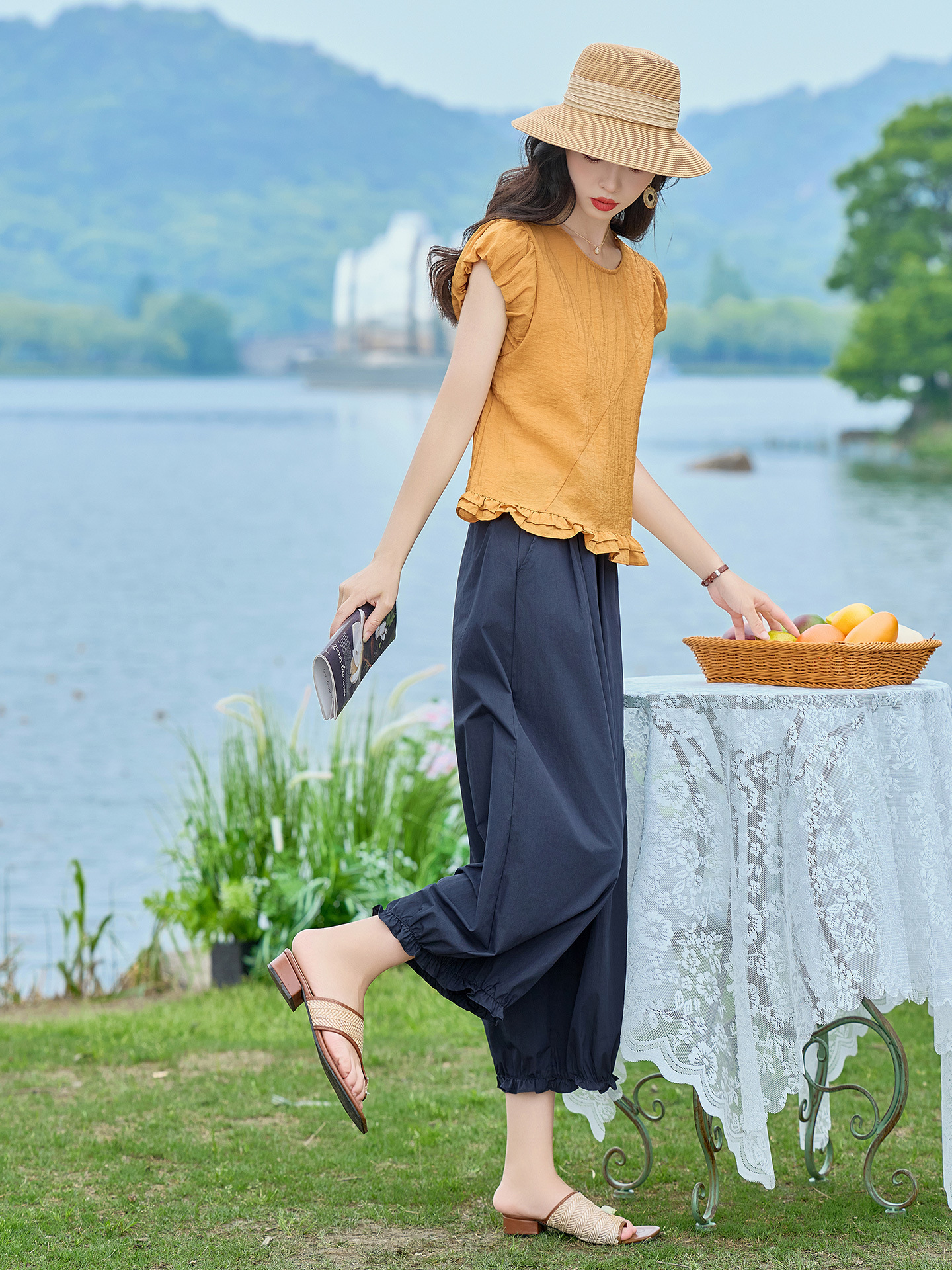 Bộ áo thun cổ tròn tay ngắn + quần ống rộng nữ 2 món mùa hè — màu sắc, màu xanh hồ