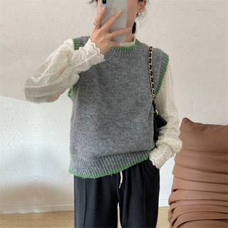 温柔韩系春秋新款撞色圆领套头毛衣马甲女宽松显瘦叠穿针织衫上衣