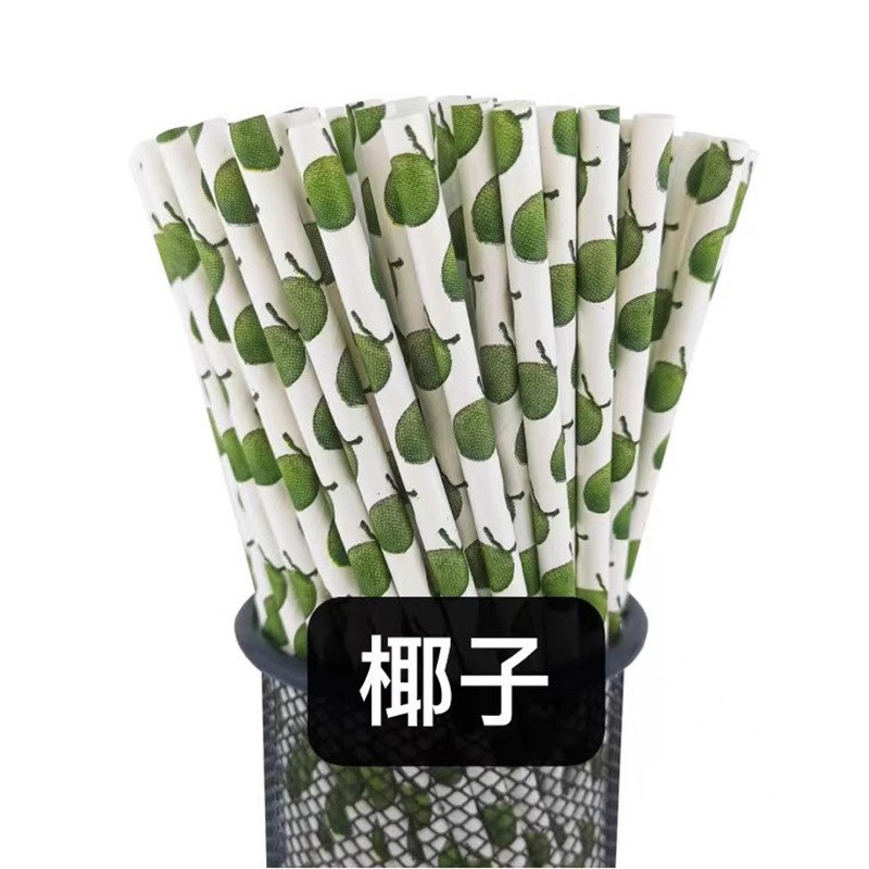 Paja de papel Kraft biodegradable desechable patrón de fruta fresca de verano paja de papel bebida paja decorativa