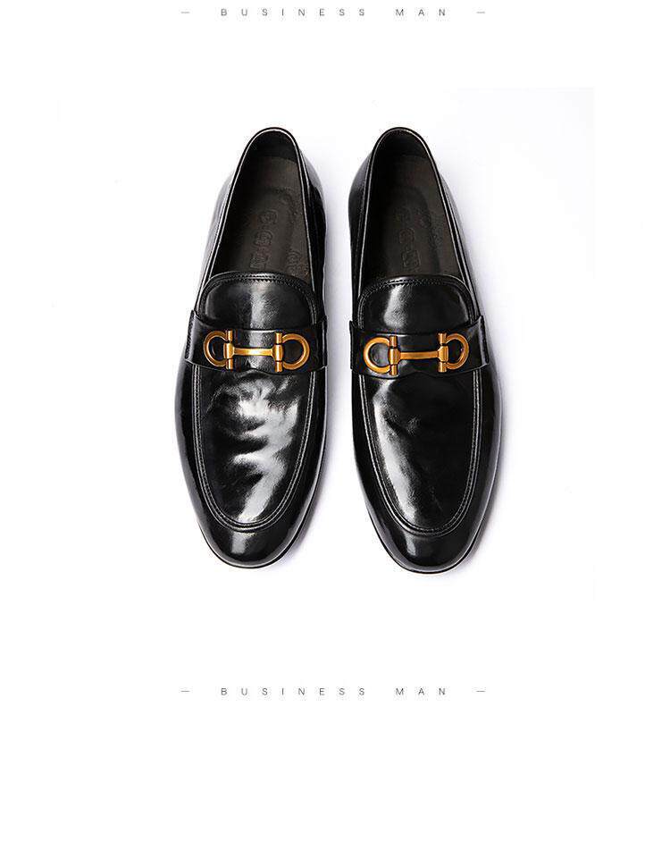 Giày lười nam da lộn mũi nhọn gót thấp, giày da nam slip-on đa năng — khóa vàng đen chi tiết 9
