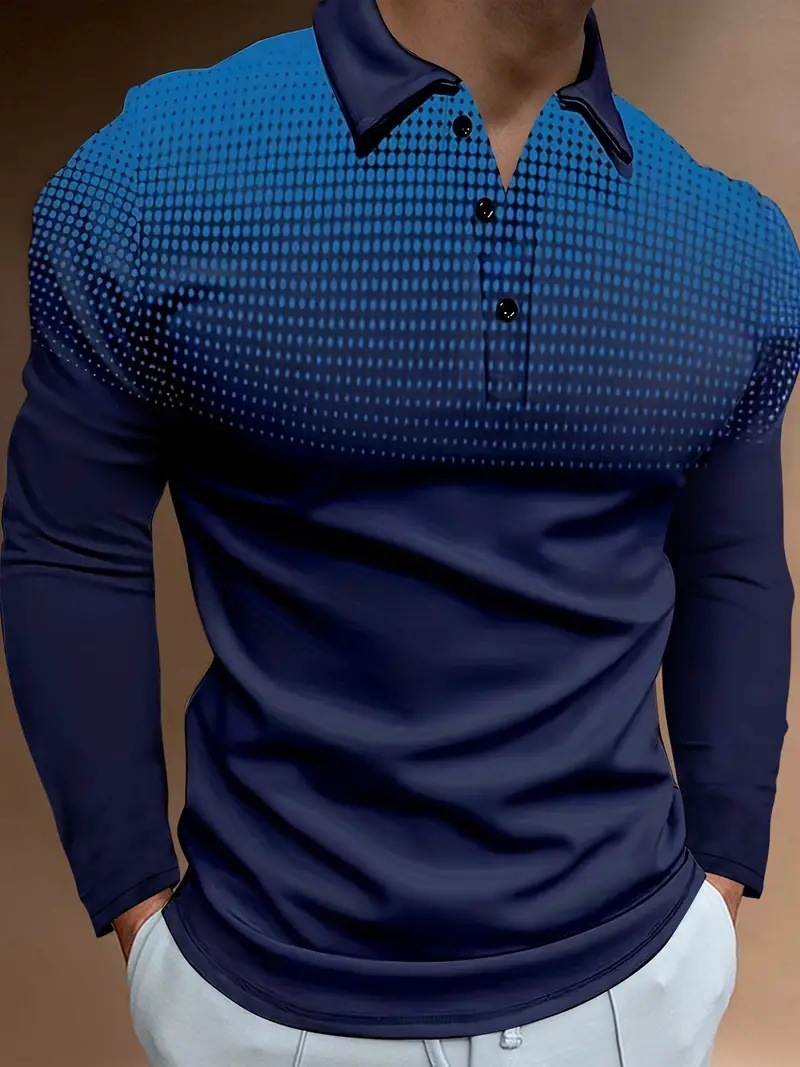 Puntos de color degradado simples con estampado 3D para hombres casuales de todo fósforo negocios sueltos de manga larga con cuello con botones en stock