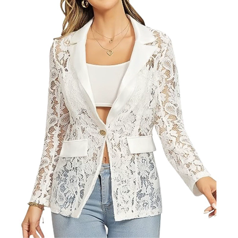 Европейский и американский трансграничный новый женский элегантный пиджак с цветочным кружевом и сеткой на одной пуговице с длинными рукавами и лацканами