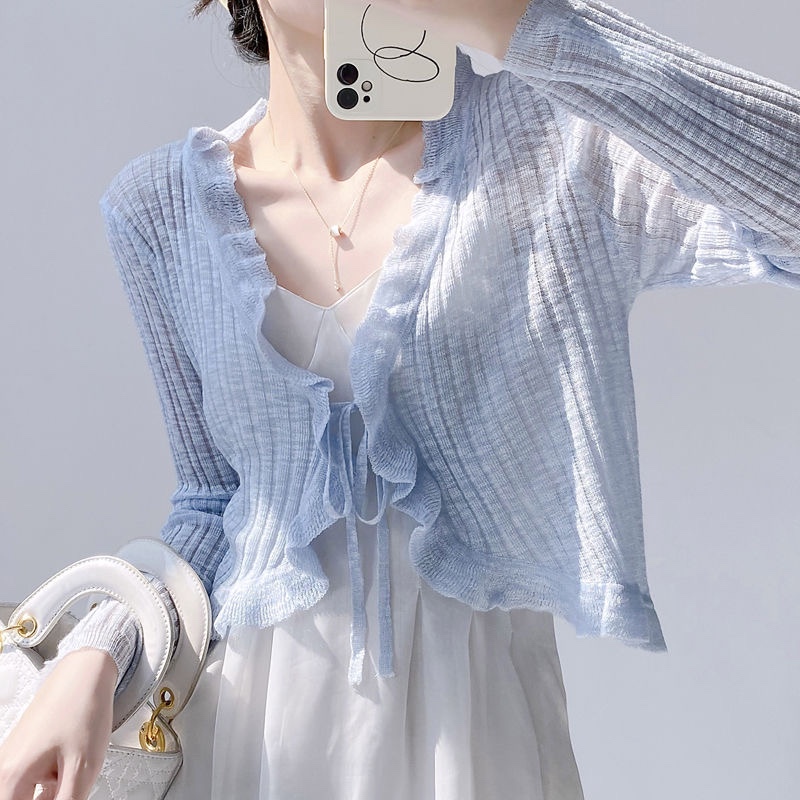 Da Lang Knitted Sweater Summer Women's Thin Outer Cardigan Women's Lotus Leaf Ear Lace Short Top Sunscreen Shirt