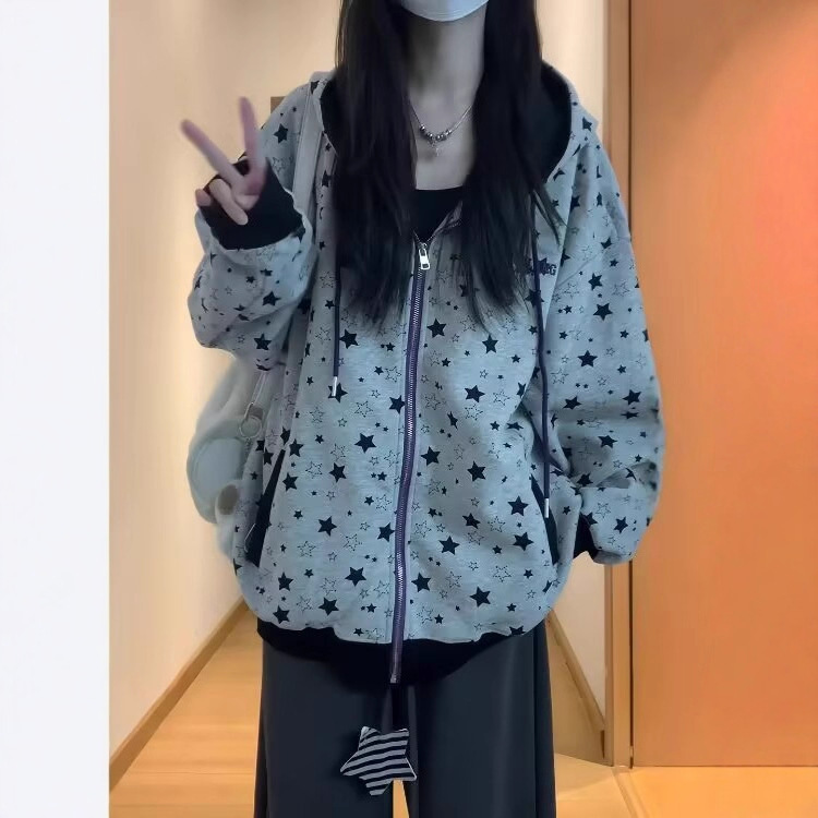 Foreign Trade American Retro Star-Printed Gray Hooded Sweatshirt for Women Spring Loose Casual Zipper Cardigan Jacket