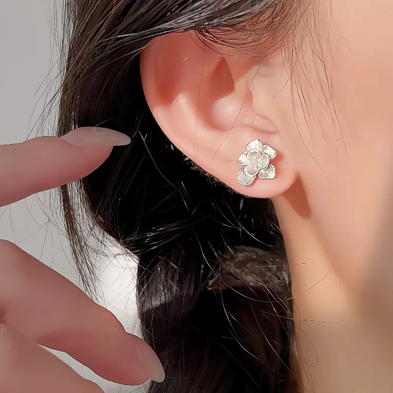 通体纯银磨砂拉丝花朵耳钉女复古中国风耳饰小众设计饰品代发批发