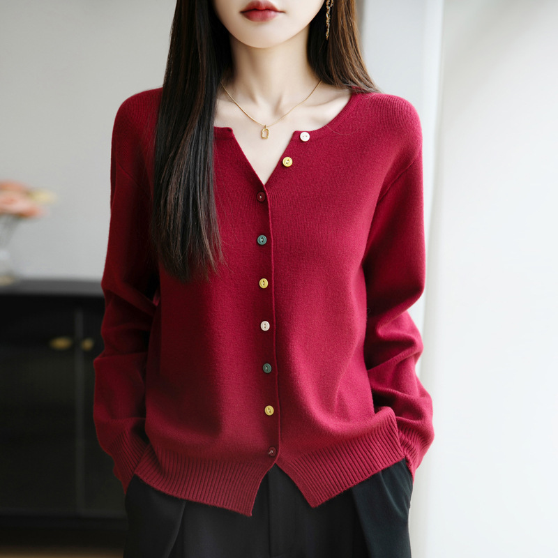 韩系彩色扭扣V领针织开衫女秋冬新款外穿圆领软糯纯色毛衣外套女|undefined
