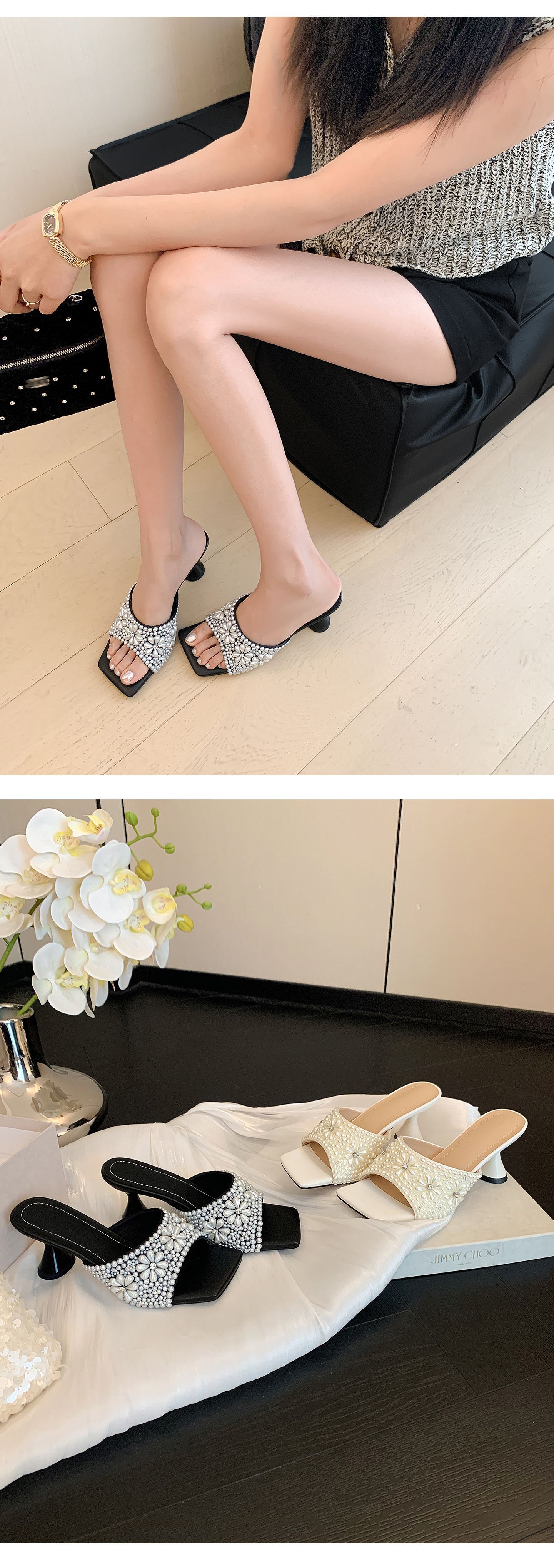 Sandal cao gót nữ quai ngang mũi vuông đính đá pha lê handmade — màu đen, màu trắng chi tiết 10