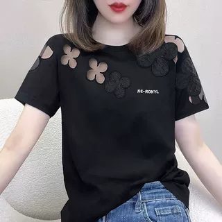 纯棉镂空圆领刺绣上衣女设计感显瘦通勤小众百搭休闲短袖t恤
