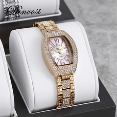 丹弗士輕奢鑲鑽小眾設計酒桶型手錶女防水鋼帶石英機芯禮品腕錶