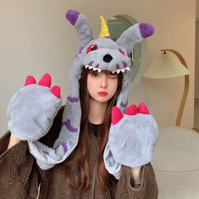 派对~独角兽围巾帽手套三件套一体秋冬童趣防风保暖刺绣毛绒围脖