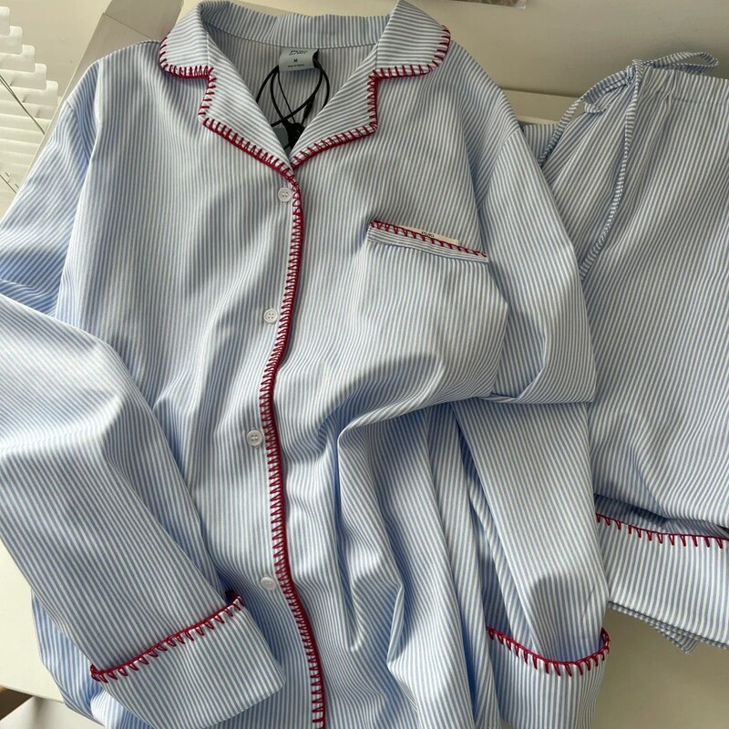 High-grade Striped Ins Sweet Casual Long-sleeved Pajamas Women's Spring and Summer 2025 New Arrival suit Outwear Home Clothes