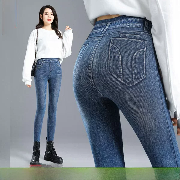 Imitation Denim Leggings for Women to Wear as Outerwear, Slim and Versatile Autumn and Winter Printed Leggings, High-Waisted Large Size Pencil Pants Cross-Border