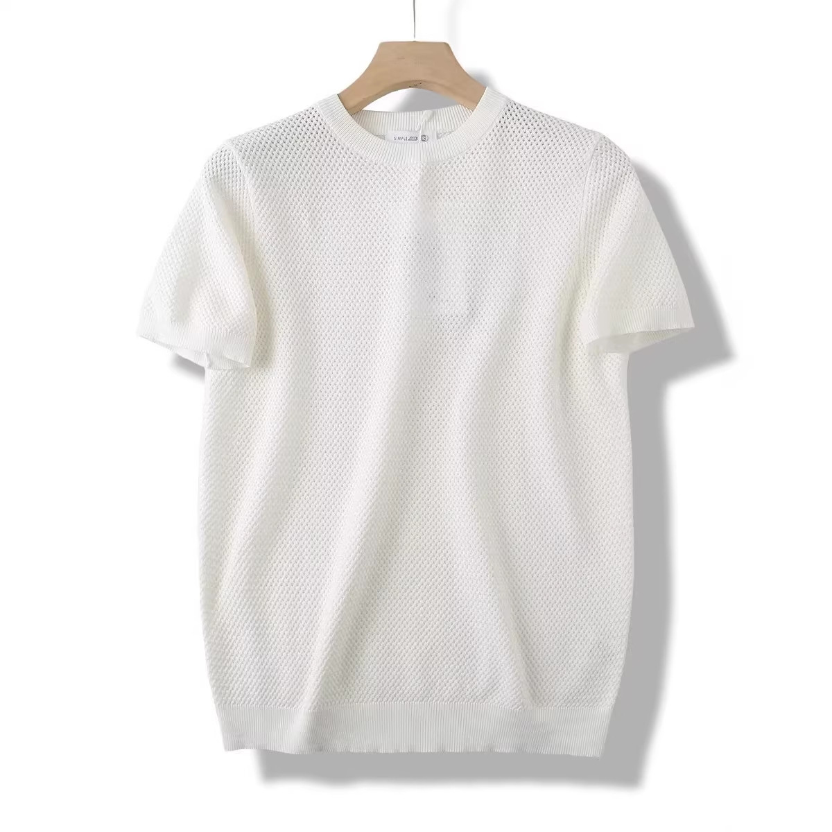 Men's Pineapple Knit T-Shirt – Breathable Textured Short Sleeve Top With Drop Shoulder & Retro Geometric Stripes (M-3XL)_voghion.com