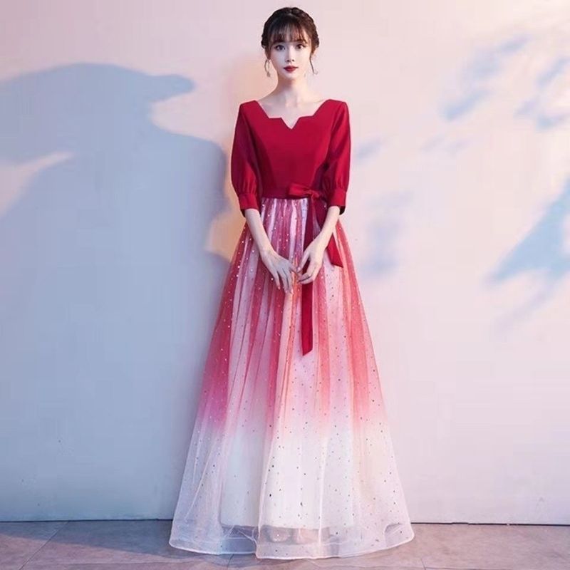 合唱演出服长裙红歌舞台合唱团成人比赛指挥表演服红色礼服|undefined
