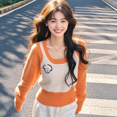 今年流行假两件橙色小狗毛衣女装秋季2025新款多巴胺穿搭针织上衣