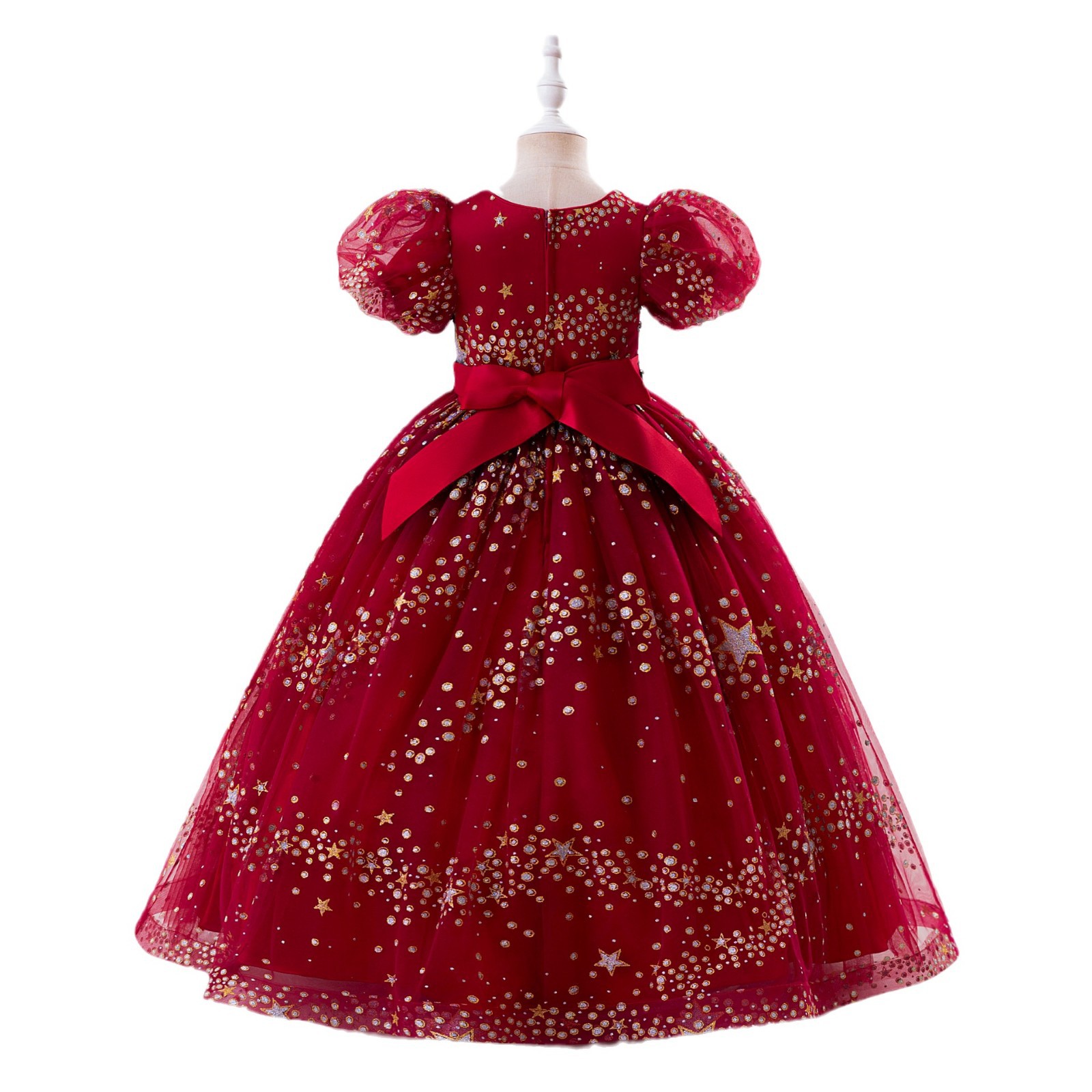 Vestido de niñas vestido de princesa de Navidad de moda manga de burbuja de sequela tela forjada vestido de fiesta de Navidad para niños grandes