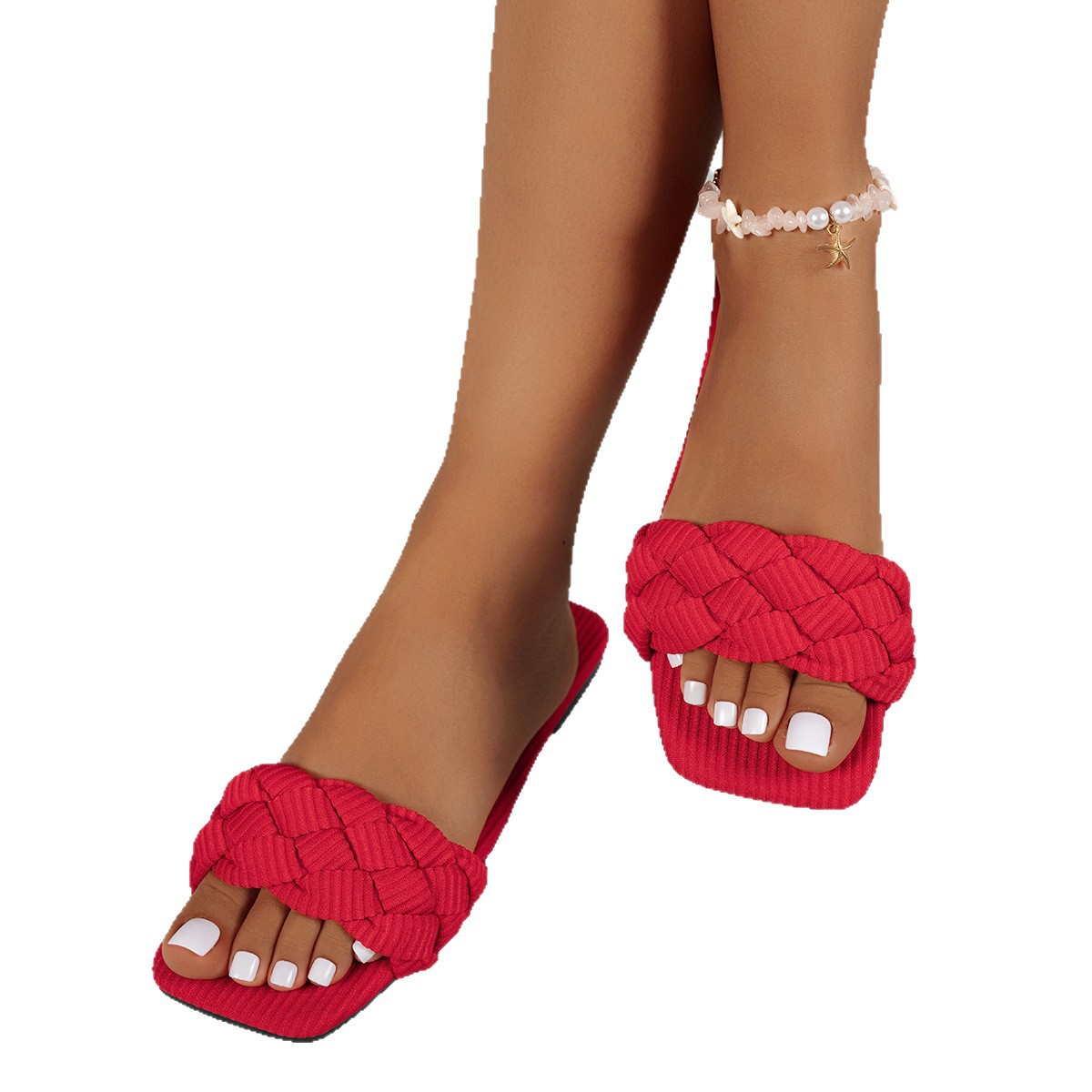 Sandalias planas de estilo minimalista para mujer, diseño de una sola tira tejida, fáciles de poner, versátiles para el hogar y para ir al trabajo.