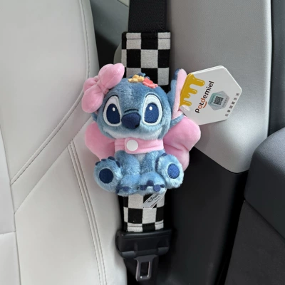 Toothless Car Seatbelt Shoulder Pad Car — Sürətlər qutusu və əl tormozu başlıqları - shoulder-pads-80-linen-grid-authentic-squatting-stitch-pink-bow-set