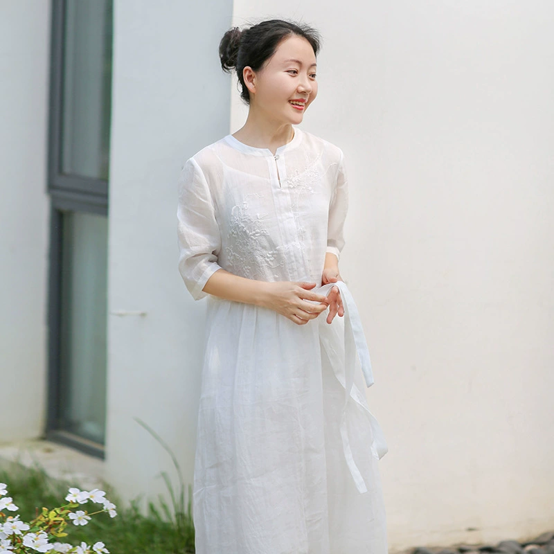 2021 Новый Льняной материал Оригинальное женское длинное платье с художественной вышивкой и воротником-стойкой на рукавах тонкое платье рами