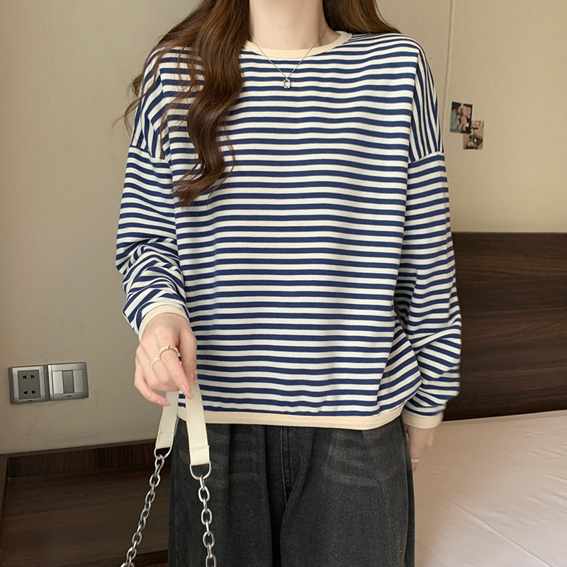 Women's cross-border round neck striped sweatshirt jacket, spring and autumn, Korean style, loose fit, oversized, lazy, preppy style pullover top, thin