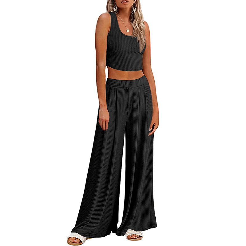 Traje deportivo de ocio de todo fósforo de moda europea y americana para mujer 20224 camisola de color sólido de verano pantalones anchos de dos piezas