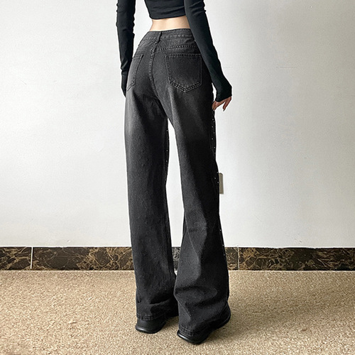 2025 Street Style Basic Wash Gradient Color Shiny Embellished Straight Leg Pants for Trendy Girls Wide Leg Slimming Feature Denim