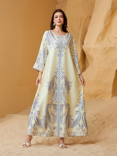 ZD011 Dubai ins Muslim women's robe beaded print dress round neck Abaya Middle Eastern style diamond