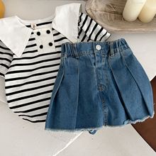 现货韩版夏季新品女童裙裤经典水洗褶皱松紧腰中小童牛仔半身裙裤