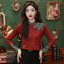 新中式刺绣盘扣长袖衬衫女春季国风提花立领雪纺小衫红色上衣