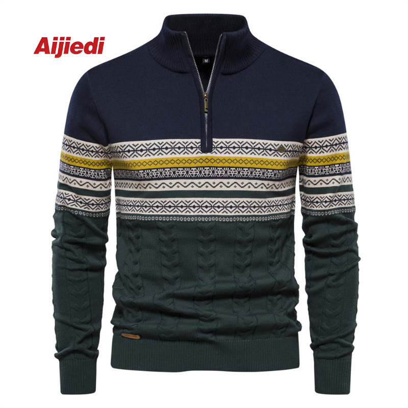 Foreign Trade Cotton European Size Casual Stand Collar Navy Blue Half-Zip Men's Knitwear Autumn and Winter Splicing Men's Knitwear New Style