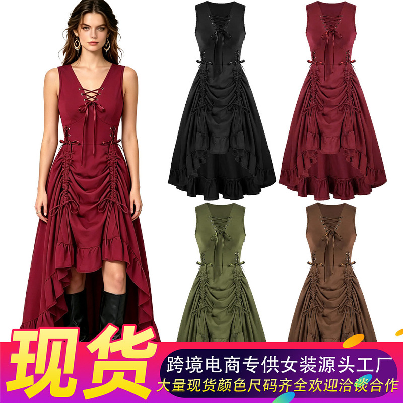 2026 Halloween Costume Medieval Renaissance Court Style Short Sleeve Knitted Drawstring Dress Beer Dress