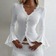 XM25021欧美风性感蕾丝拼接长袖坑条T恤2025秋季新款纯色百搭上衣