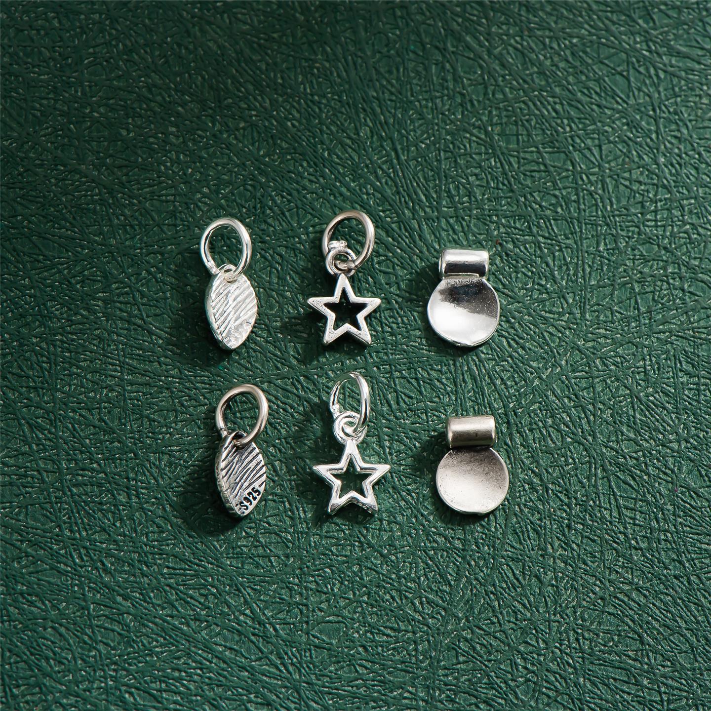 S925纯银光面圆牌挂件树叶叶子五角星吊坠文玩手串手绳坠子银配件