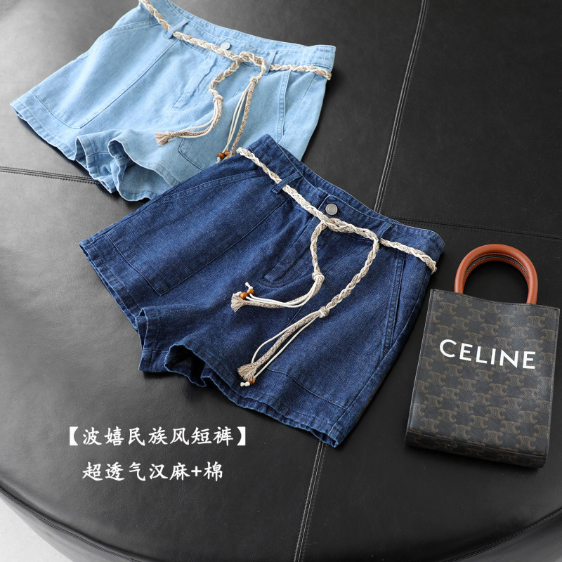 Naturally Relaxed! Bohemian Ethnic Style~Breathable Hemp+ Cotton Denim Shorts That Make Legs Look Longer, Women's Summer New Style H051504