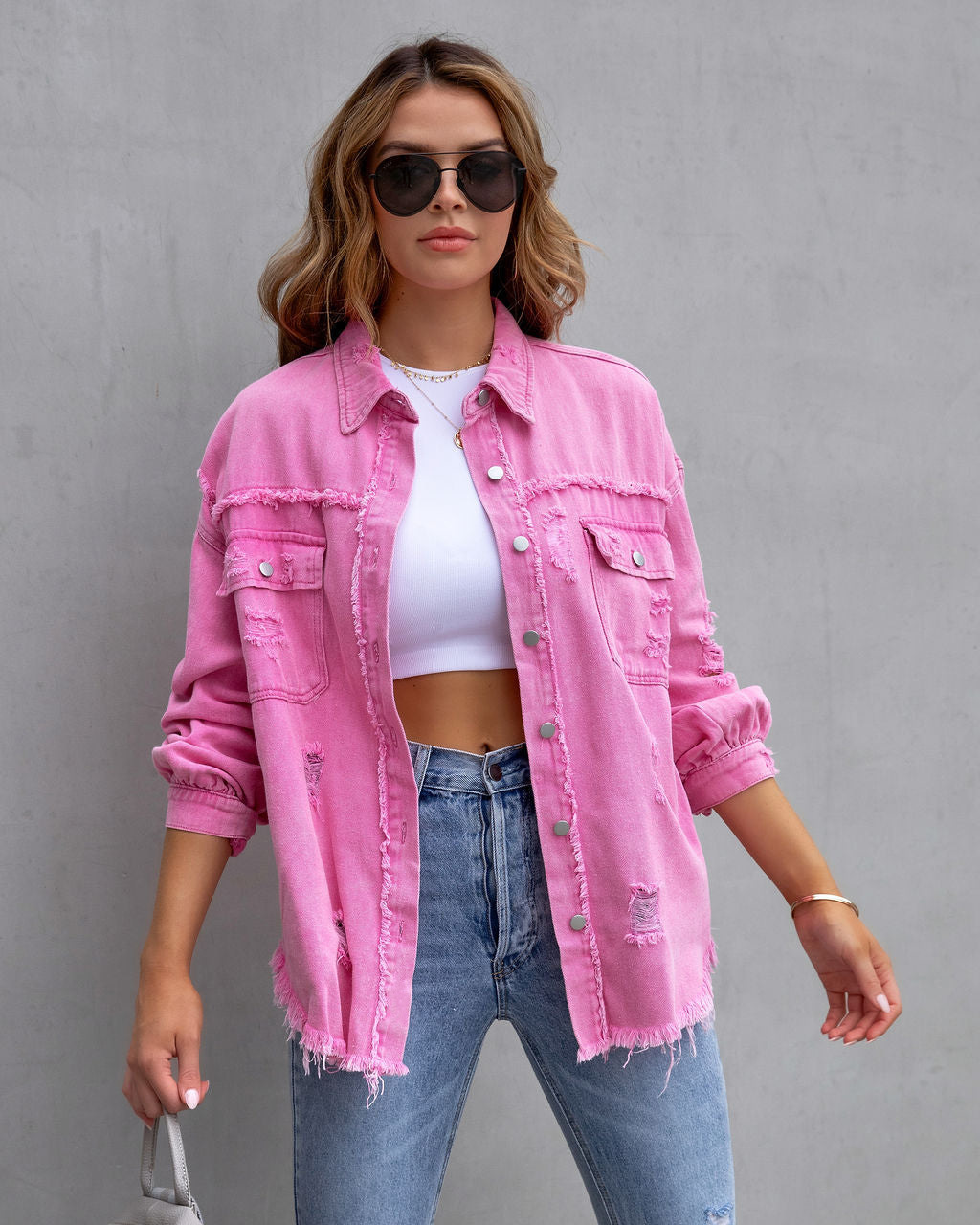 Giacca di jeans donna con volant strappata bavero manica lunga_voghion.com