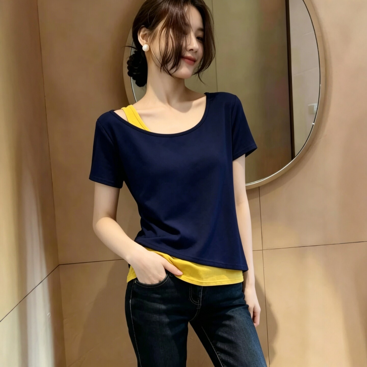 Áo thun nữ tay ngắn cổ tròn phối hai lớp lệch vai, xếp ly eo ôm — Đen đánh vần trắng chi tiết 4